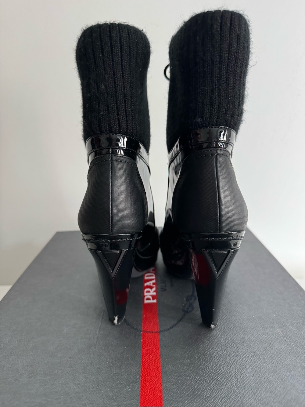 Prada Black Patent Lace-Up Knit-Cuff Ankle Boots - Picture 4 of 7